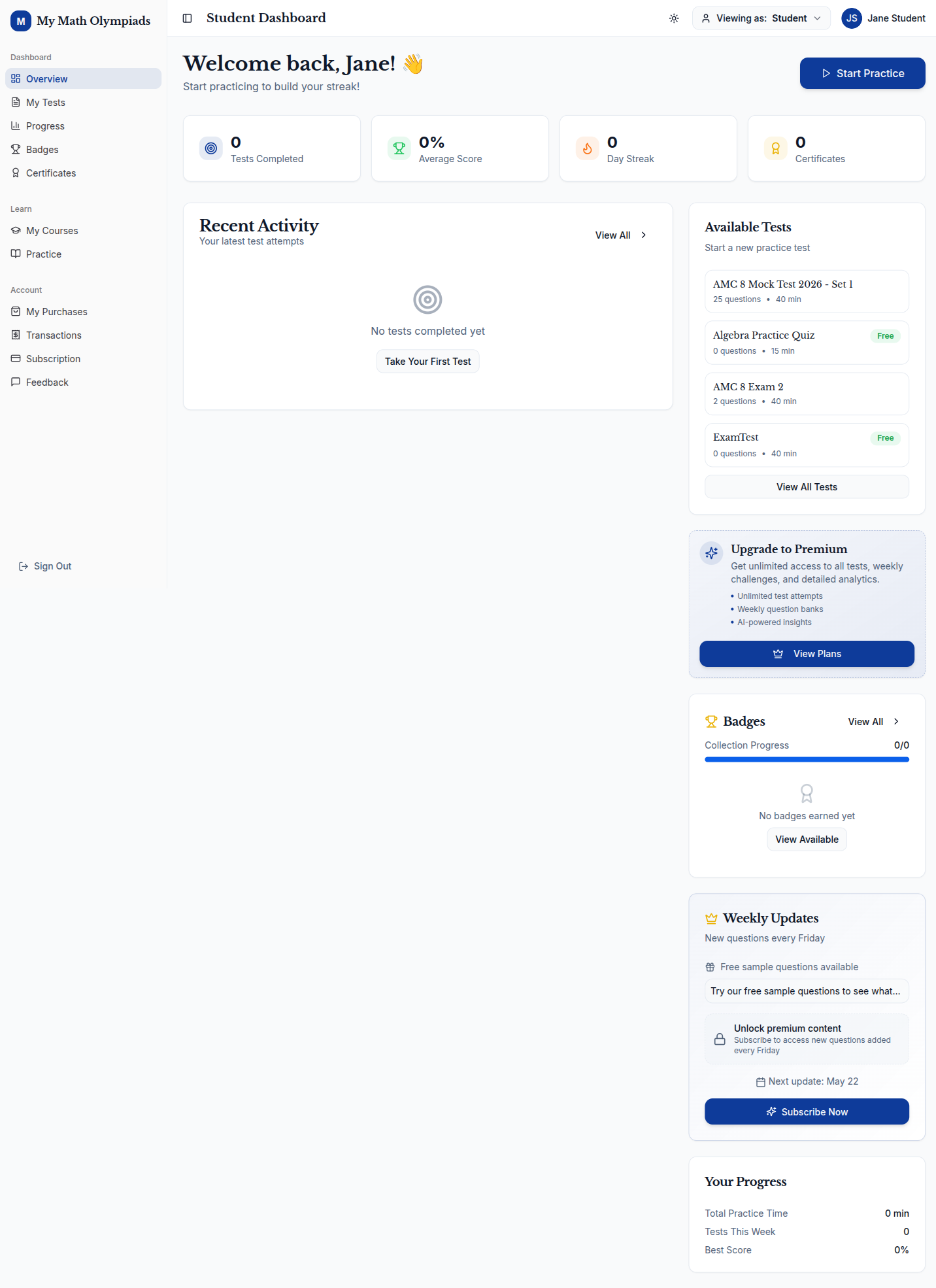 Student dashboard showing AMC practice test results, topic mastery heatmap, and AI-powered study recommendations